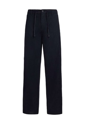 Pantalon noir à jambe droite avec fermeture à bouton et fermeture éclair, passants pour ceinture et taille ajustable avec cordon de serrage.