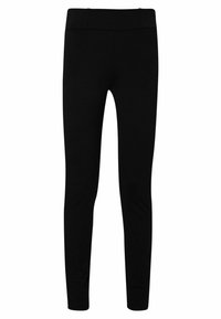 Svarta leggings gjorda av elastiskt tyg med en slät yta, med en bred midja och avsmalnande ben. Inga synliga mönster eller dekorationer.