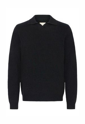 Black knit pullover sweater with a v-neck and short collar. Long sleeves and ribbed cuffs and hem. Smooth texture, classic design.