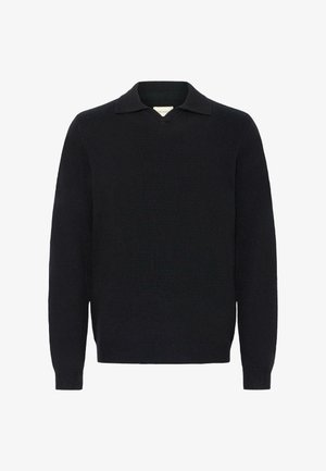 Black knit pullover sweater with a v-neck and short collar. Long sleeves and ribbed cuffs and hem. Smooth texture, classic design.