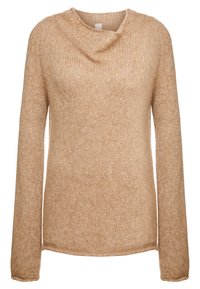 Beżowy sweter robiony na drutach z długimi rękawami, projekt z kołnierzem typu cowl i teksturowanym wykończeniem. Dół lekko zaokrąglony dla swobodnego fasonu.