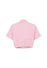 Camicetta corta rosa con fit rilassato, maniche corte e orlo elasticizzato. Texture liscia e design del colletto semplice.