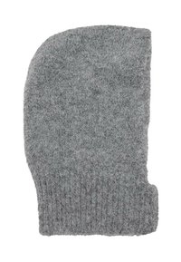 Gray knitted beanie with a soft texture, featuring a rounded top and ribbed hem for a snug fit. Simple, versatile accessory for colder weather.