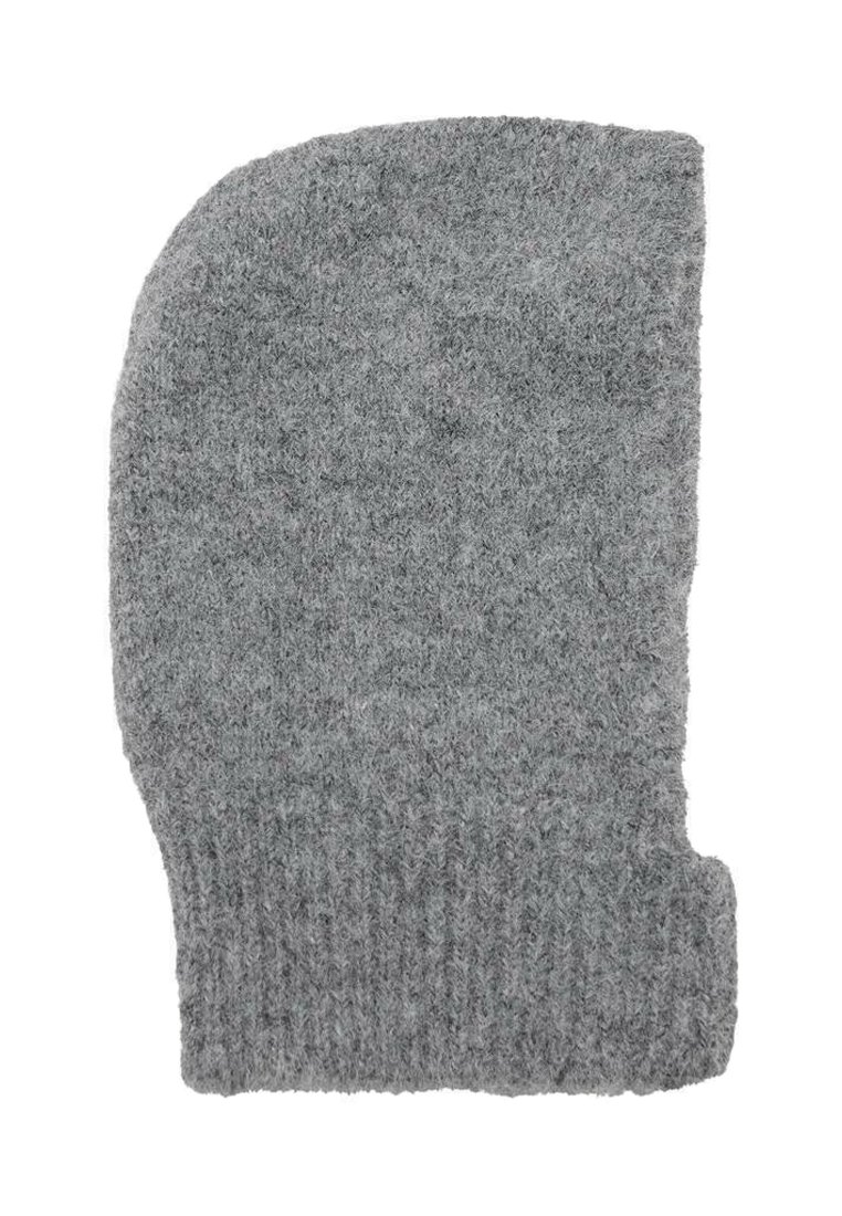 Gray knitted beanie with a soft texture, featuring a rounded top and ribbed hem for a snug fit. Simple, versatile accessory for colder weather.