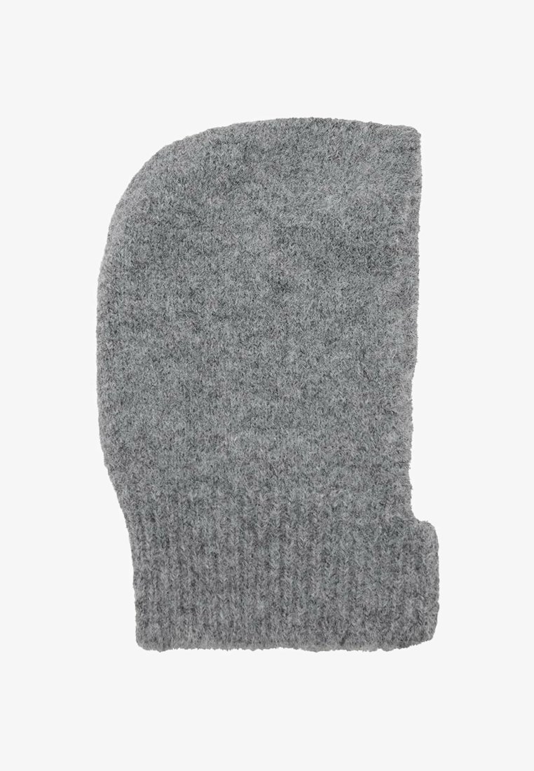 Gray knitted beanie with a soft texture, featuring a rounded top and ribbed hem for a snug fit. Simple, versatile accessory for colder weather.