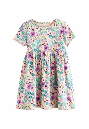 Robe fleurie à manches courtes, col rond et taille froncée. Présente un fond pastel avec des motifs floraux violets, turquoise et verts.