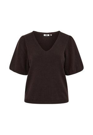 Tumepruun, lühikeste varrukatega kampsun V-kaelusega, tekstureeritud kudumiskangast ja soonikkoes äärega. Omab lopsakaid varrukaid ja lõdvestunud siluetti.