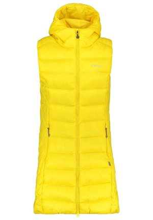 Chaleco acolchado sin mangas de color amarillo con capucha, cremallera frontal, bolsillos laterales con cremallera y un logotipo de la marca sutil en el pecho.