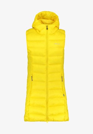 Chaleco acolchado sin mangas de color amarillo con capucha, cremallera frontal, bolsillos laterales con cremallera y un logotipo de la marca sutil en el pecho.