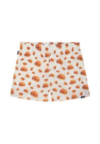 Gemusterte Boxershorts mit weißem Hintergrund, die wiederholte Burger-Motive in Orange- und Rottönen zeigen. Elastischer Bund für zusätzlichen Komfort.