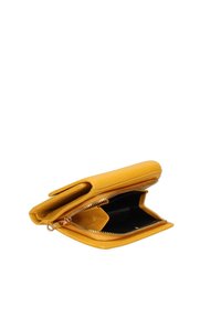 Yellow leather wallet with a textured finish, featuring a zip closure, multiple compartments, and a compact, rectangular shape.