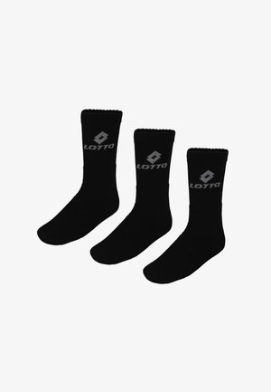 Black cotton socks featuring a ribbed cuff and a gray "LOTTO" logo. Sold in a set of three with a smooth texture and standard crew length.