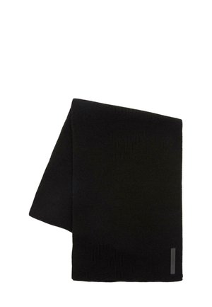 Black knit scarf with a ribbed texture, featuring a small, rectangular gray accent label on one end.