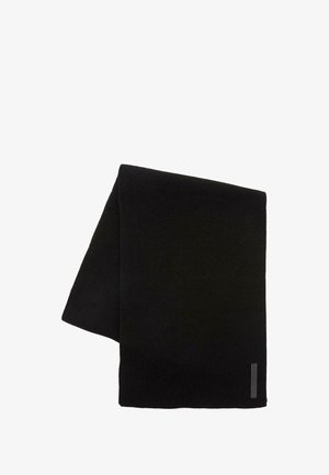 Sciarpa nera in maglia con una texture a coste, caratterizzata da un piccolo etichetta grigia rettangolare su un'estremità.