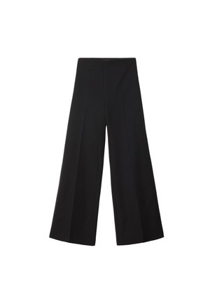 Pantaloni a gamba larga neri realizzati in un tessuto liscio, con vita alta e pieghe frontali per maggiore volume. Senza chiusure o tasche visibili.