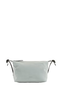 Borsa grigio chiaro resistente all'acqua con texture liscia, doppio coulisse e spallacci scuri. Design semplice senza parti metalliche visibili.