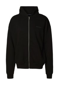 Melnā džemperis ar rāvējslēdzēju, priekšējām kabatām, ribotu aproču un apakšmalu, kā arī nelielu logotipu kreisajā krūtīs.