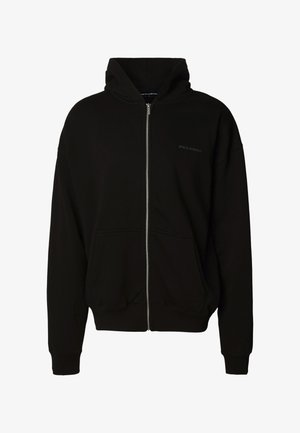 Must must tõmblukuga kapuutsiga jakk esitaskute, soonikkoes mansettide ja äärega ning väikese logoga vasakul rinnal.