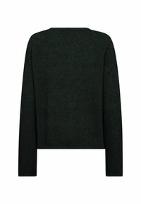 Donkergroene trui met lange mouwen en een ronde hals. Zachte textuur en een relaxte pasvorm; heeft geen zichtbare sluitingen of patronen.