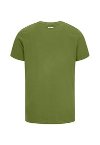 T-shirt verde oliva a maniche corte in cotone. Collo a giro, orlo dritto e un piccolo logo stampato vicino al colletto sul retro.