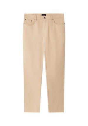 Beige bukser med lige pasform, forrest med knap og lynlås, bæltestropper og forlommer.