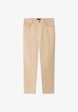 Beige bukser med lige pasform, forrest med knap og lynlås, bæltestropper og forlommer.