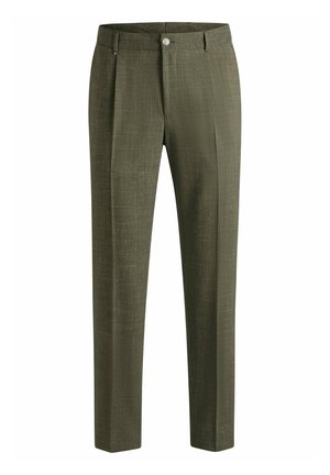 Olive green tailored trousers with a subtle textured pattern, featuring front seams, a zip fly, and a single button closure.