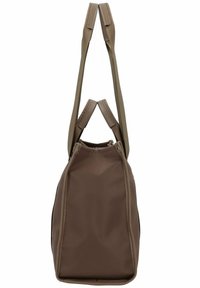 Borsa in tessuto marrone con una forma strutturata, doppi manici superiori e chiusura a coulisse. Presenta una trama liscia e cuciture rinforzate.