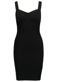 Schwarzes, enganliegendes Kleid mit dünnen Trägern, herzförmigem Ausschnitt und gerippter Textur, entworfen, um die Körperform zu betonen und hervorzuheben.