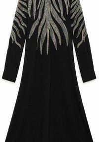 Vestito nero con maniche lunghe caratterizzato da un motivo a raggiera metallica argentata sulle spalle, realizzato in un tessuto liscio e fluente.