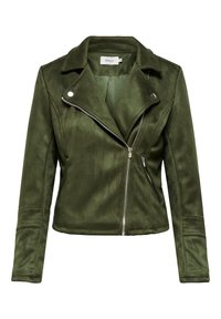 Giacca da motociclista in finta suede verde oliva con zip frontale, colletto a revers, tasche con zip e dettagli trapuntati sulle maniche.