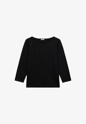 Top negro de manga larga hecho de algodón con escote redondeado, decorado con adornos dispersos en un lado para un detalle adicional.