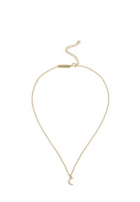 Collar de cadena de oro que presenta un pequeño colgante en forma de luna creciente con una superficie texturizada y acentos brillantes. Longitud ajustable con un cierre.