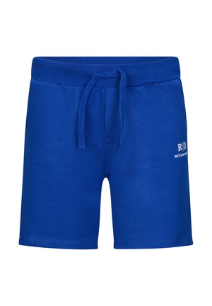 Blauwe katoenen shorts met een elastische tailleband en trekkoord. Bevat een klein wit logo aan de onderkant van de rechter voorkant. Glad textuur, casual ontwerp.