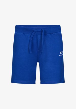 Shorts in cotone blu con fascia elastica in vita e cordino. Presentano un piccolo logo bianco sulla parte anteriore destra in basso. Texture liscia, design casual.