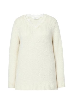 Cremfarbener Strickpullover mit V-Ausschnitt, langen Ärmeln und geripptem Saum. Besitzt einen strukturierten Stoff für zusätzliche Wärme und Komfort.