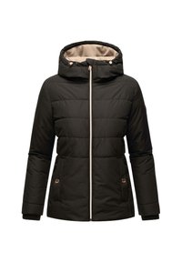 Černá zateplená bunda s kapucí, se zapínáním na zip, dvěma postranními kapsami a růžově zlatými akcenty. Vnitřní podšívka je béžová.