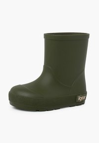 Stivale da pioggia verde in gomma con superficie liscia, punta arrotondata e dettaglio del logo. Caratterizzato da una suola testurizzata per una buona aderenza e un design di altezza media.