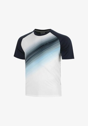 T-shirt de sport à manches courtes avec des manches bleu marine et un corps blanc présentant une bande diagonale dégradée du bleu foncé au bleu clair.
