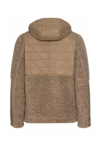 Brun jakke med fleece tekstur, quiltet hætte og skulderpaneler. Designet kombinerer bløde og glatte materialer for varme.