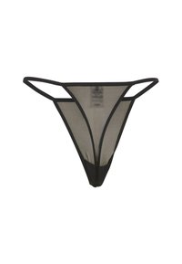 String en maille noire transparente avec fines lanières ; présente un design en forme de V et une couverture minimale, alliant texture délicate et ceinture solide.