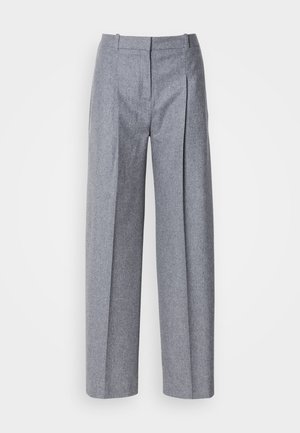 Light gray wide-leg trousers with a textured fabric, featuring pleats at the front and a tailored waist. Minimalist design, no visible hardware.