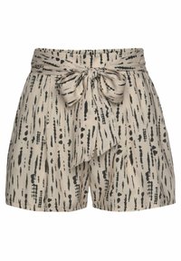 Pantaloni corti beige con stampa astratta nera, caratterizzati da un dettaglio in vita legato e una vestibilità rilassata. Realizzati in tessuto leggero per il massimo comfort.