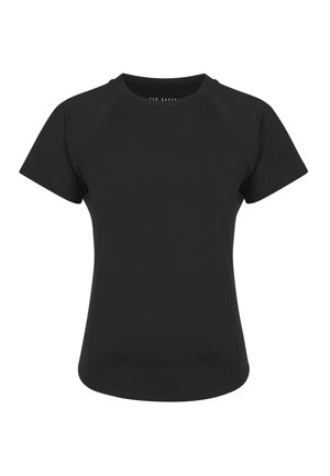 Zwarte aangesloten T-shirt met korte mouwen, ronde hals en subtiele stikseldetails op de schouders en mouwen.