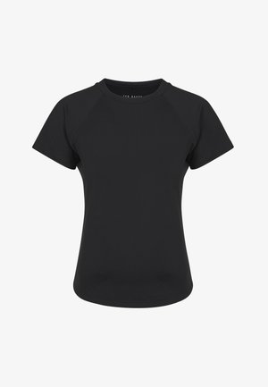 T-shirt noir cintré à manches courtes avec col rond et détails de couture subtils sur les épaules et les manches.
