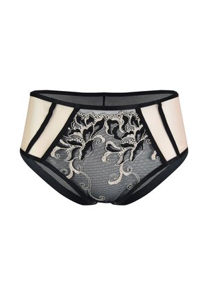 Czarne przezroczyste bielizna nocna z haftowanym kwiatowym wzorem w kremie i złocie. Posiada siateczkowe boki, elastyczny pas oraz fason zapewniający większe zakrycie.