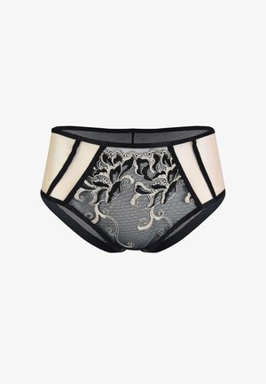 Czarne przezroczyste bielizna nocna z haftowanym kwiatowym wzorem w kremie i złocie. Posiada siateczkowe boki, elastyczny pas oraz fason zapewniający większe zakrycie.