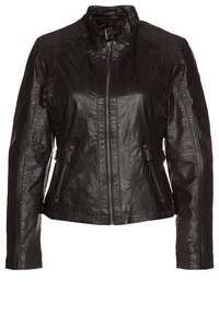 Giacca da moto in pelle nera con colletto alto, chiusura con zip frontale e due tasche laterali con zip. Presenta pannelli sulle spalle testurizzati.