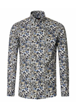 Langärmliges Hemd in Weiß mit einem floralen Muster in Blau, Schwarz und Beige. Verfügt über einen Button-Down-Kragen und Knöpfe auf der Vorderseite.