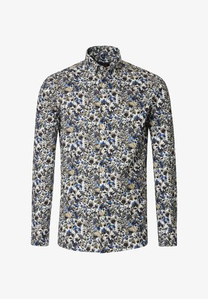 Langärmliges Hemd in Weiß mit einem floralen Muster in Blau, Schwarz und Beige. Verfügt über einen Button-Down-Kragen und Knöpfe auf der Vorderseite.